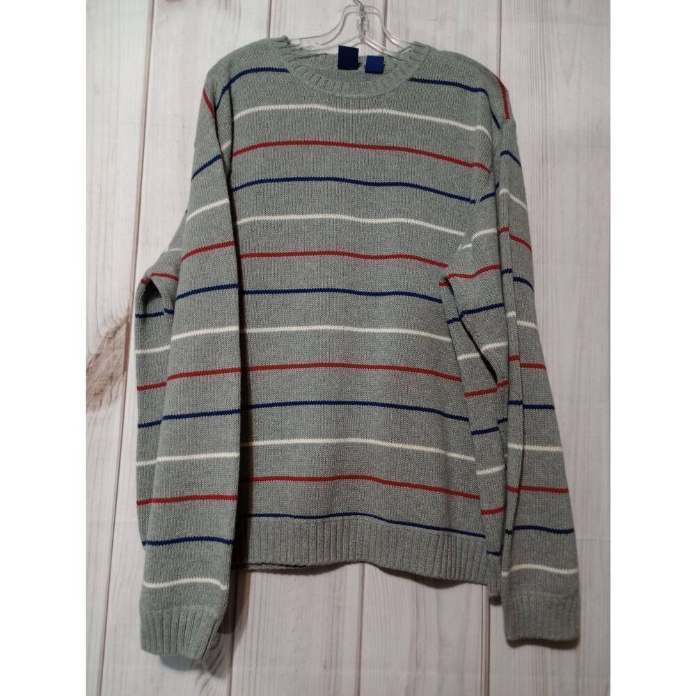 Basic Editions‎ Mens XL Gray Striped Crewneck 100% Cotton Sweater SEAS 5805